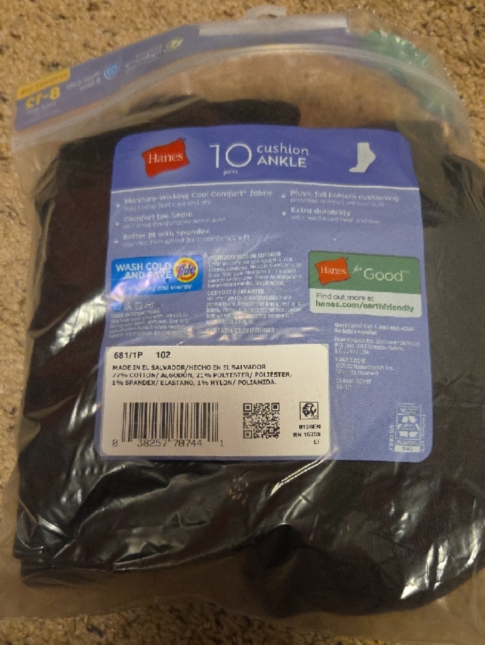 Hanes Black Cushion Ankle Socks Value Pack - 10 Pairs - Picture 4 of 5